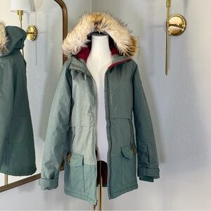 Columbia Omni-Heat Parka Jacket M Gorpcore Winter Coat Faux Fur Green Burgundy